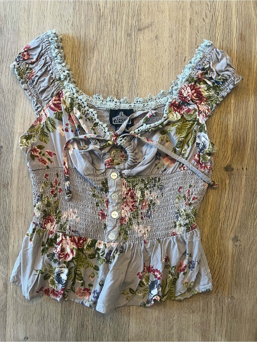 Angie Lavender Floral Smocked Peplum Tank with Lace Trim